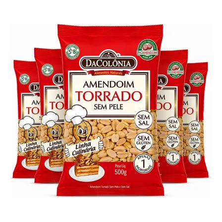 Amendoim Sem Pele Sem Sal Dacolônia Abicab - 5 Pacotes 500g
