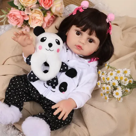 Brastoy Boneca Bebê Reborn Realista Panda Menina Silicone 48cm Tem Cabelo Pode Dar Banho