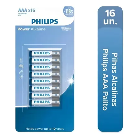 Pilha Philips Alcalina Aaa 1.5v Com 16 Unidades Lr03p16b/59