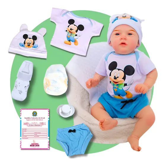 Bebê Reborn Boneco Realista Em Silicone E Bolsa Maternidade Mickey