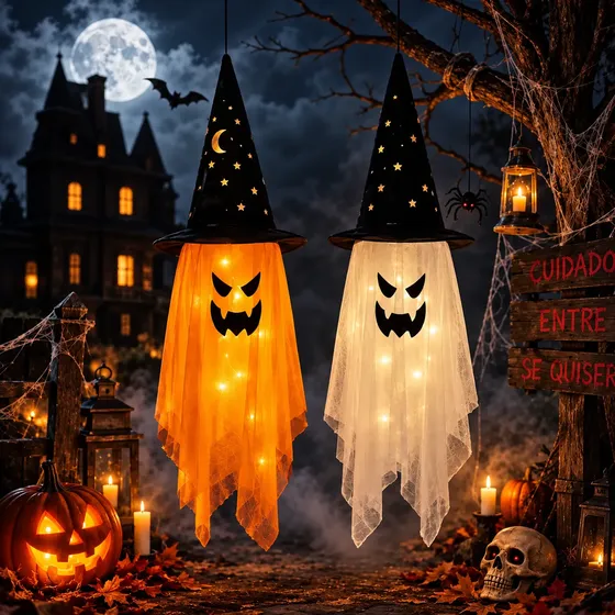 Kit 2 Decoração Halloween Iluminada Fantasma Mágico 105cm
