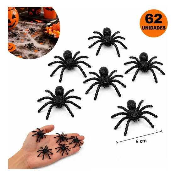 Kit 62 Mini Aranha Plástico 4cm Decoração Halloween Assustar