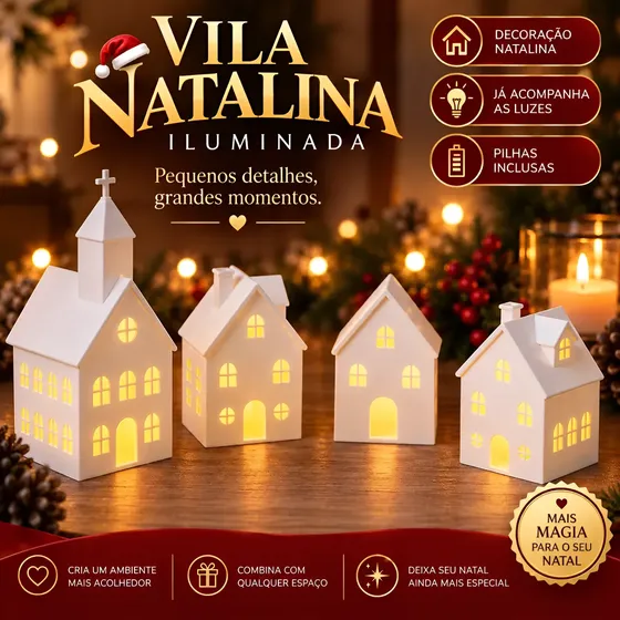 Vila Natalina Com Luz Led Casinhas Igreja Decoração De Natal