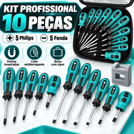 Kit Jogo Chave Fenda E Philips Imantado Profissional 10 Pçs