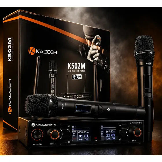 Microfone Sem Fio Duplo Kadosh K-502M UHF Dinâmico Cardioide Profissional