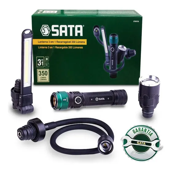 Lanterna 3 Em1 Recarregável 350lm Sata St90736 Branco Preto