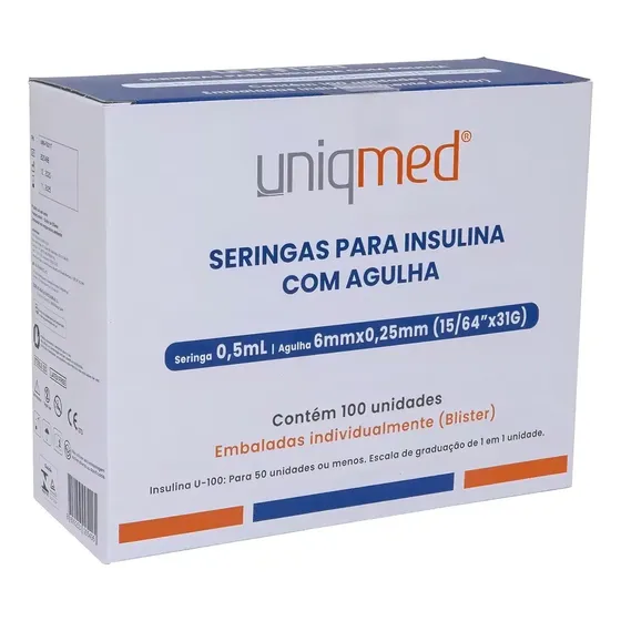 Seringa Insulina UniqMed 0,5ml Agulha 6mm x 0,25mm 31G 100 Unidades