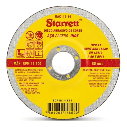 Kit 12 Discos Corte Metal Aço Inox Dac115-14 115mm Starrett