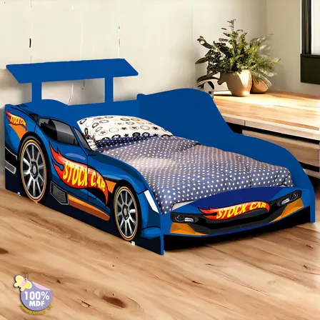 Cama Infantil Juvenil Hot Wheels StockCar Com Colchão Móveis Bela