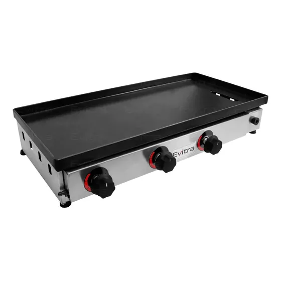 Chapa de Lanche Hamburger 3 Queimadores 70x35cm Profissional A Gás Industrial Com 5mm de Espessura Para Restaurante Hotdog Cachorro Quente Em Inox 430 - Evitra