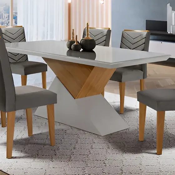 Mesa Aster 180 Tampo Em Mdf E Vidro + 6 Cadeiras Liz Moderna Cor Grafite, Off White e Imbuia