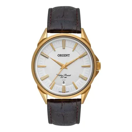 Relogio Orient Masculino Dourado Pulseira De Couro Mgsc1010 Marrom Branco