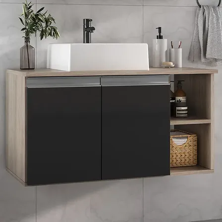 Kit Gabinete Banheiro Virtus 80cm Preto Madeirado com Cuba Elevada Espelheira 2 Portas 2 Nichos MDF/MDP Armário Suspenso Lavabo