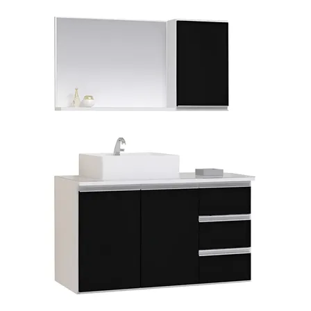 Conjunto gabinete banheiro Moveis Joia prisma 80cm com tampo vidro cor do móvel branco e preto