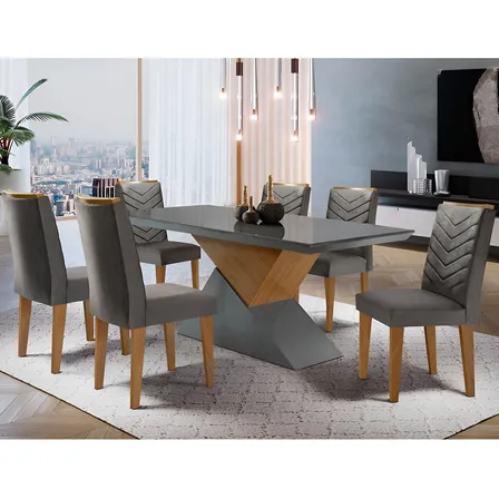 Mesa Aster 180 Tampo Em Mdf E Vidro + 6 Cadeiras Liz Moderna Cor Grafite com Imbuia