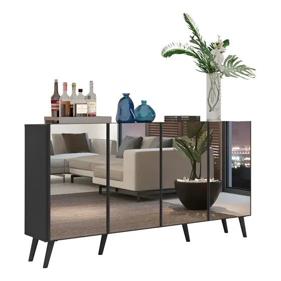 Aparador 4 Portas Com Espelho Retrô Vegas Multimóveis V3559 Cor Preto