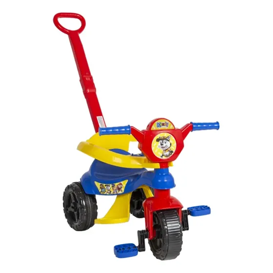 Triciclo Kendy Patrulha Canina Infantil Baby Dog Azul e Vermelho com Haste e Apoio de Pés