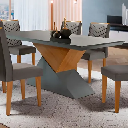 Mesa Aster 180 Tampo Em Mdf Com 6 Cadeiras Liz Moderna Cor Grafite com Imbuia