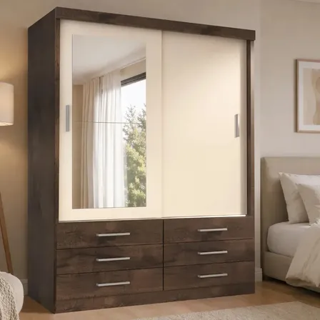 Guarda Roupa Solteiro Capri 2 Portas 6 Gav com Espelho Cor Chocolate Off white
