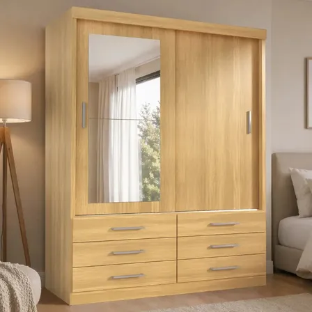 Guarda Roupa Solteiro Capri 2 Portas 6 Gav Com Espelho Cor Teka Madrid