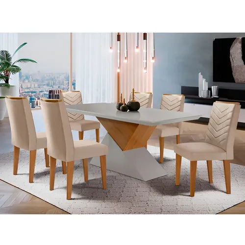 Mesa Aster 180 Tampo Em Mdf Com 6 Cadeiras Liz Moderna Cor Creme, Off White E Imbuia