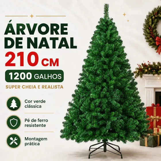 Árvore de Natal 2,10m 1200 Galhos Verde Base Metal Pinheiro Canadense Atelier Enovelada