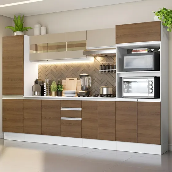 Armário De Cozinha Completa Modulada Madesa Smart 100% Mdf 300 Cm Balcão com Tampo para Cooktop Cor Branco/Rustic/Crema XAGRSM300001A9