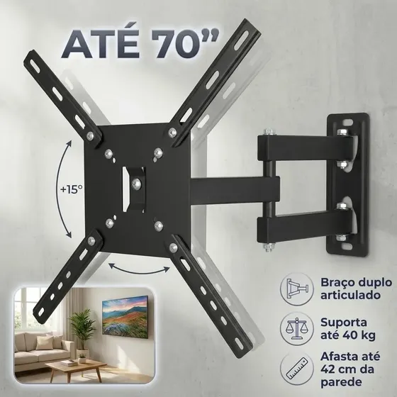 Suporte Tv para TV 10" a 70" Polegadas Articulado Parede Painel Resistente Oled Led Qled Aço Carbono Preto Suporta Até 40kg