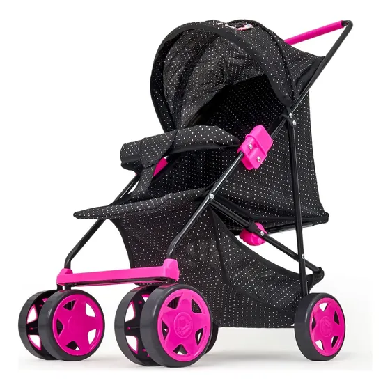 Carrinho Boneca Dobrável Oliveira Milano Preto/Rosa 4 Rodas 40cm