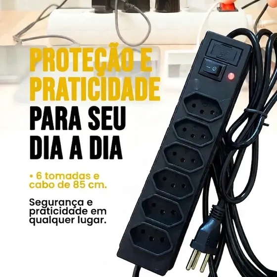 Régua Filtro De Linha 6 Tomadas Com Proteção, Fusível, Chave
