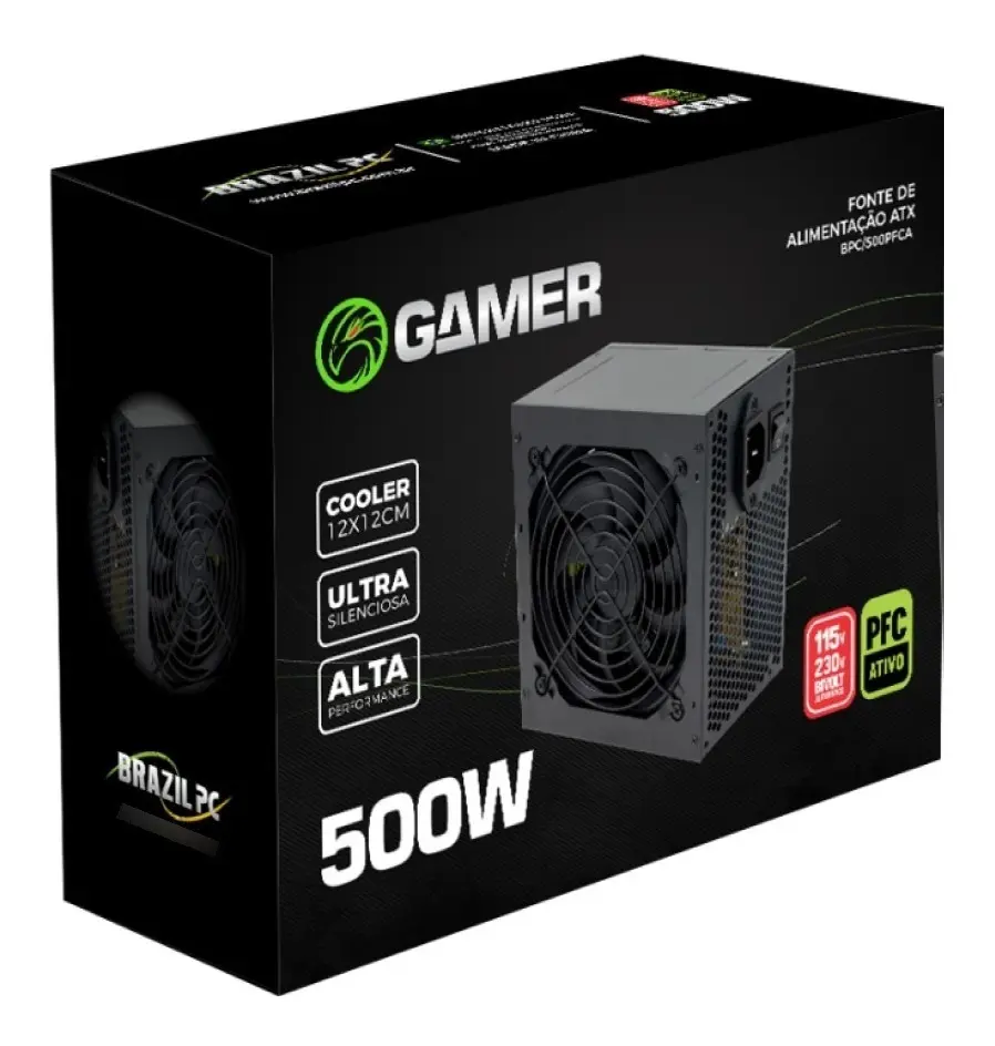 Fonte de Alimentação 500W Para PC Desktop BPC/500PFCA 500W 24 Pinos Cor Preto Brazil PC Gamer