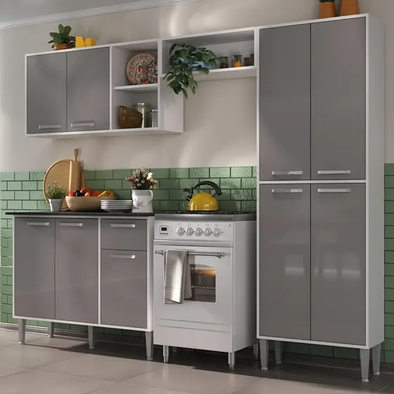 Armário Cozinha Modulada Completa Compacta Xangai Plus Multimóveis com Armário/Paneleiro e Balcão com Tampo Cor Branco/Lacca Fumê