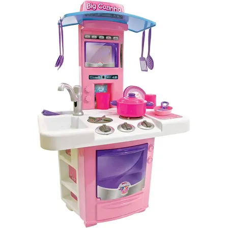 Cozinha Infantil Big Star Rosa 69cm Torneira Água Fogão Forno 16 Peças