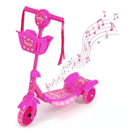 Patinete Infantil com Luz de Led 3 Rodas Musical com Cesto Guidão Ajustável JustFun Brinquedos Cor Rosa