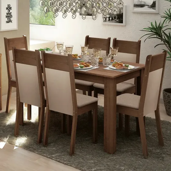 Conjunto de jantar Madesa Jaíne, mesa de madeira, 6 cadeiras M/C/B, cor marrom/creme/bege, sintético