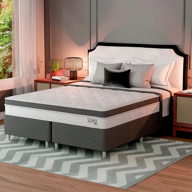 Cama Box Queen Modern Sigma Branco com Colchão Molas Ensacadas Euro Pillow