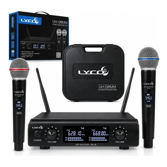 Microfone Sem Fio Lyco UH08-MM Cardioide De Mão Preto UHF 96 Canais.