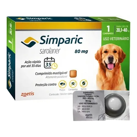 Zoetis Simparic 80mg Antipulgas Carrapatos Cães 20-40kg 1 Comprimido