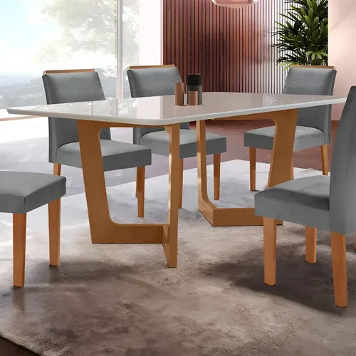 Conjunto Sala De Jantar Nápoles Tampo Vidro/mdf Com 6