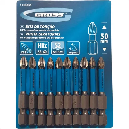Parafusadeira Gross PH2 Impacto 50mm 10 Bits Aço Torção