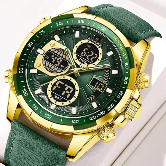 Relógio Naviforce Masculino 9197L de Quartzo, Couro Verde e Dourado