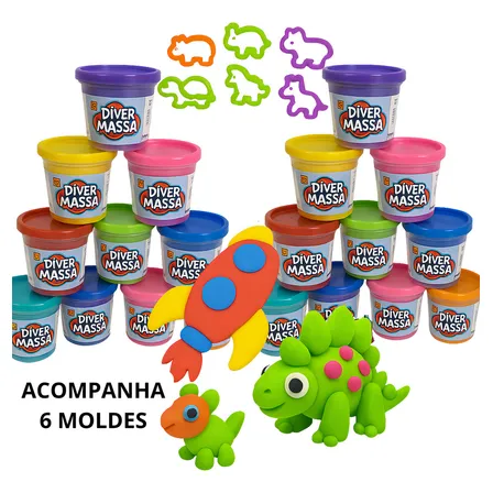 Kit Massinha De Modelar 20 Potes 50g Diver Toys Com Moldes Sortidos Sortidas