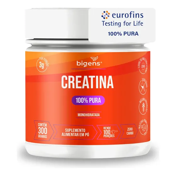 Creatina Monohidratada 100% Pura (com Laudo) - 300g | Máxima Absorção | Rende 100 Porções | Zero Carb | Bigens