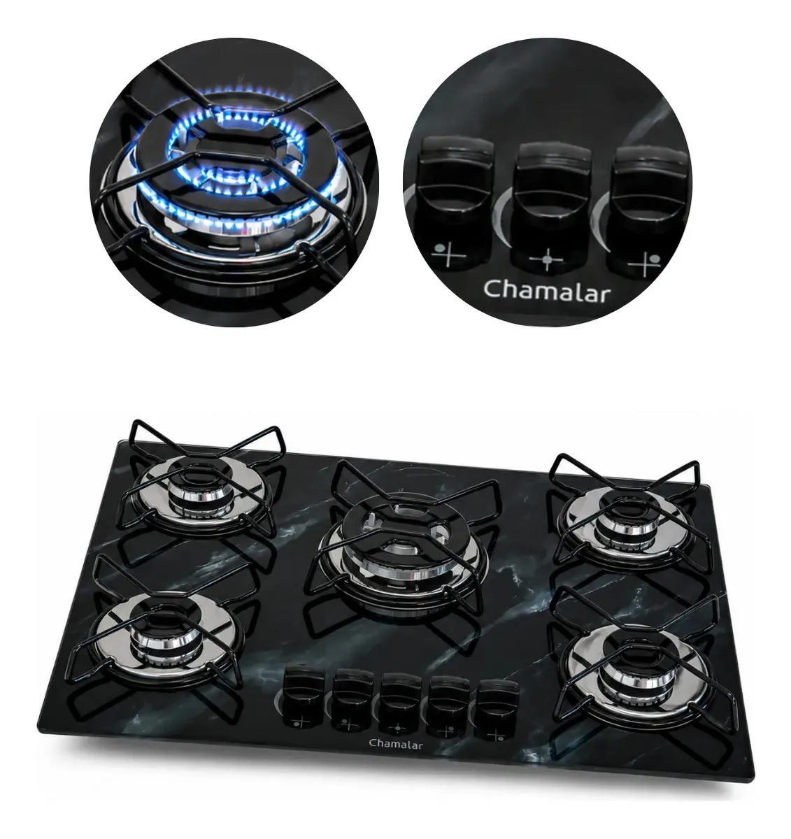 Fogão Cooktop 5 Bocas a gás Tripla Chama Marmorizado Preto 127/220v