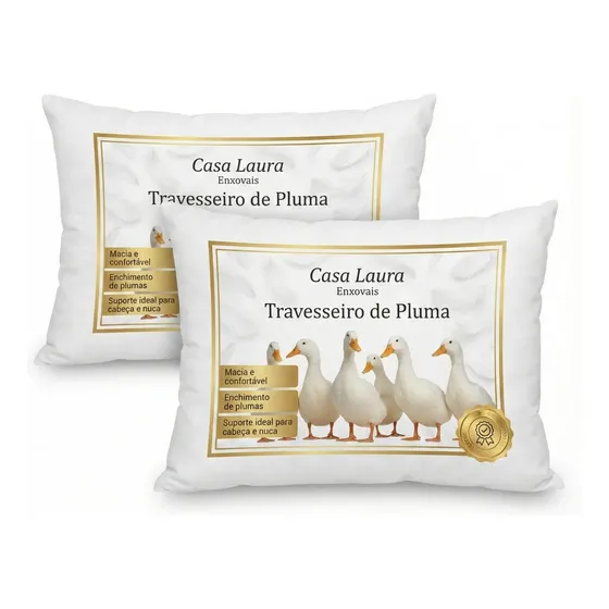 Kit 2 Travesseiros Macios Brancos Casa Laura Enxovais Pluma De Ganso Sintético Premium Hipoalergênico Eco Sustentavel Alto Confortável