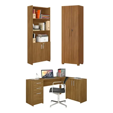 Conjunto Para Escritório Com 1 Mesa E 2 Armários Branco Cor Freijó