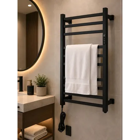 Toalheiro Térmico Grande Quadrado Inox Preto C/ Timer Embutido Fio Lado Direito Kzi