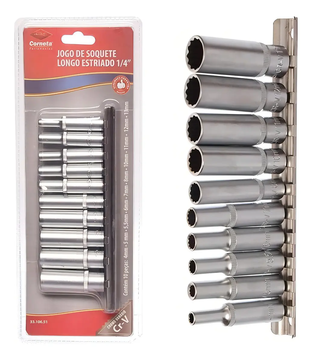 Jogo Soquete Longo 10pçs Corneta Aço Cromo Vanádio 13mm Estriado 1/4"