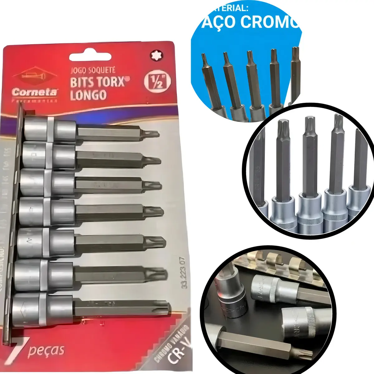 Jogo de Soquete Torx Longo 1/2 Polegada 7 Peças Corneta Cromo Vanádio