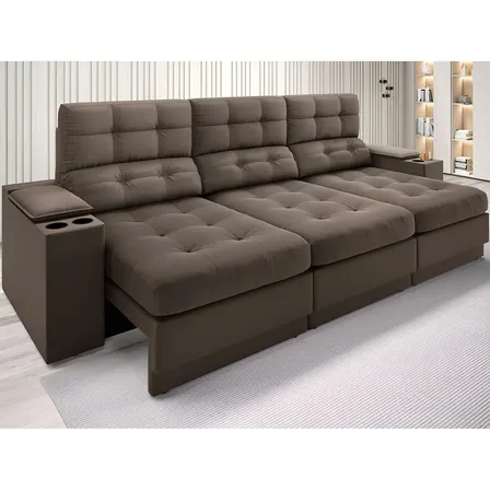 Sofá Retrátil Reclinável 4 Lugares Eureka 2,30m Velosuede USB Porta Copos Marrom